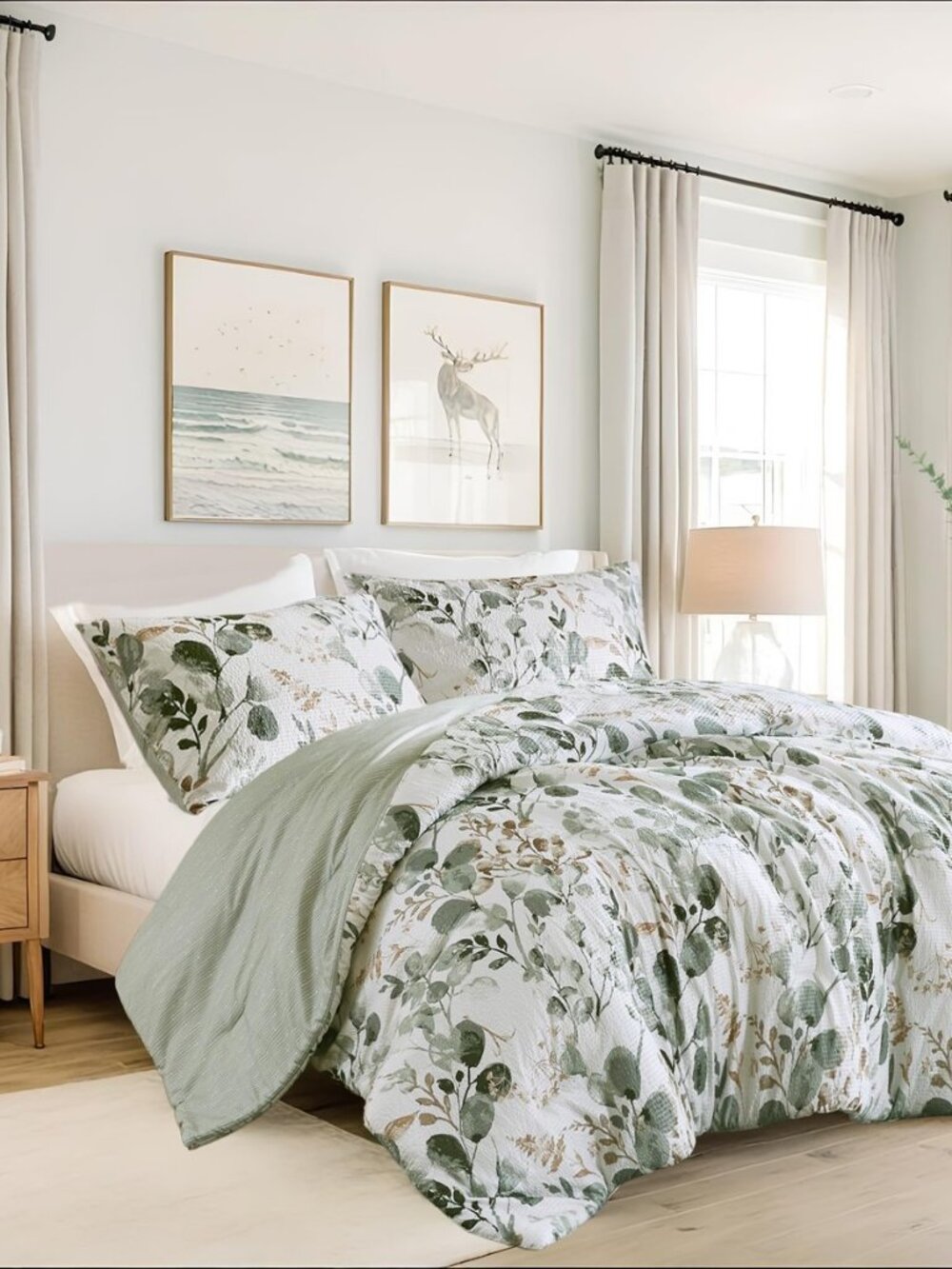 Lightweight Seersucker Botanical Comforter Set King Size, 3 Pieces Reversible